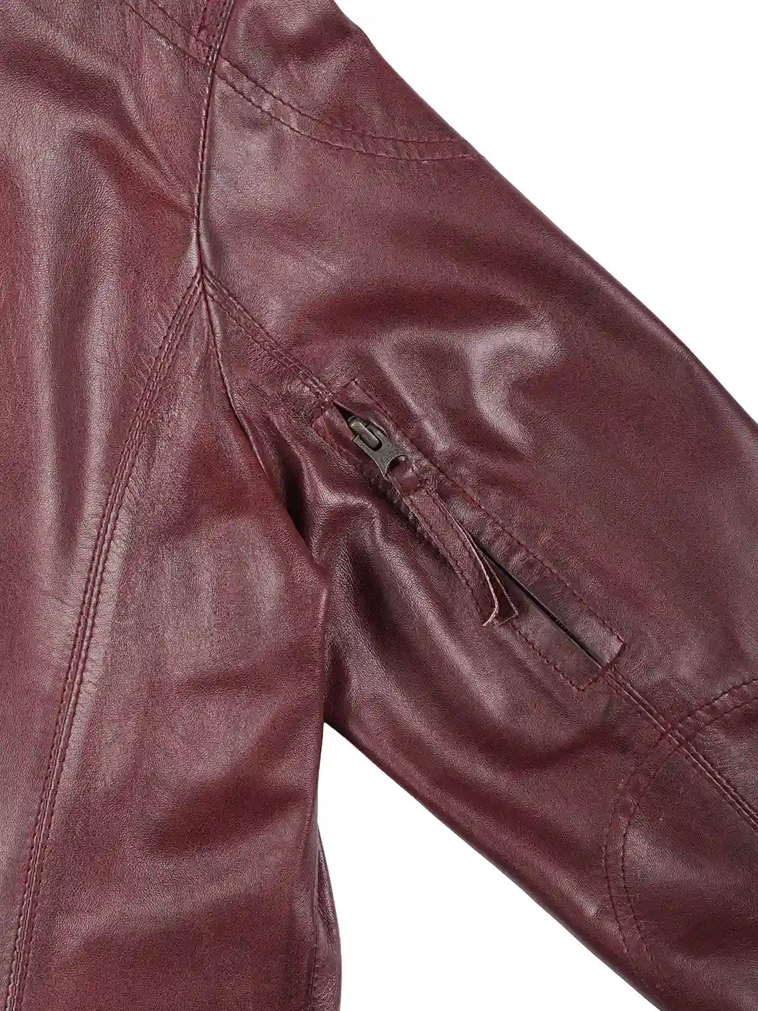 Close-up of a maroon leather jacket with a zipper pocket on a white background