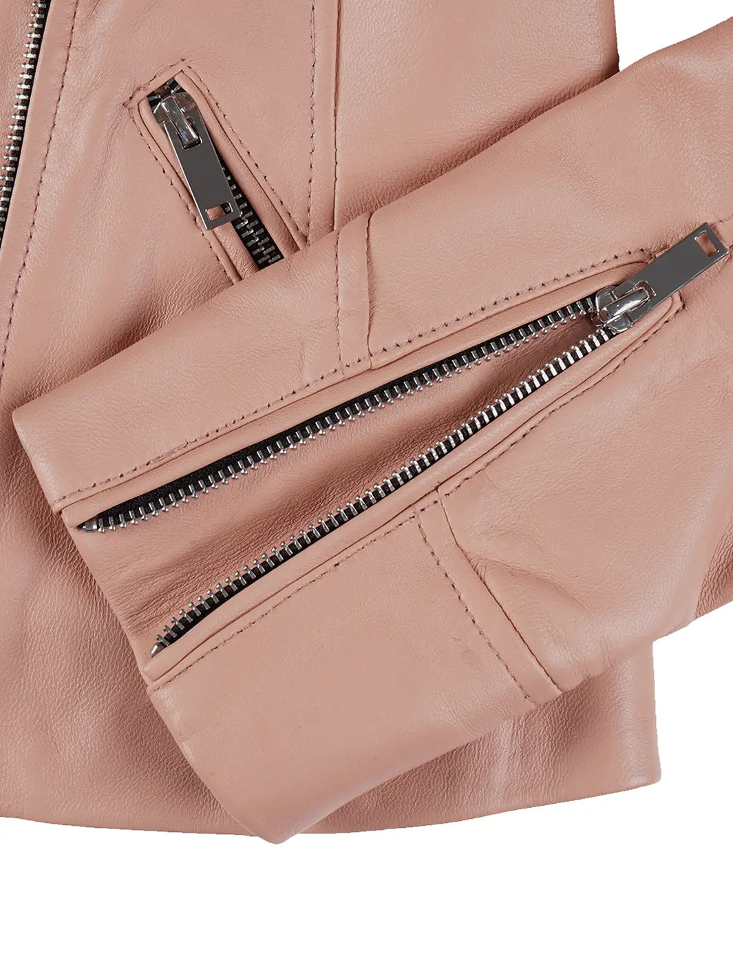Close-up of a pink leather jacket with zippers.