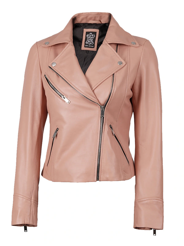Women's pink asymmetrical biker leather jacket with a snap-button lapel collar, zipper cuffs, and multiple pockets.