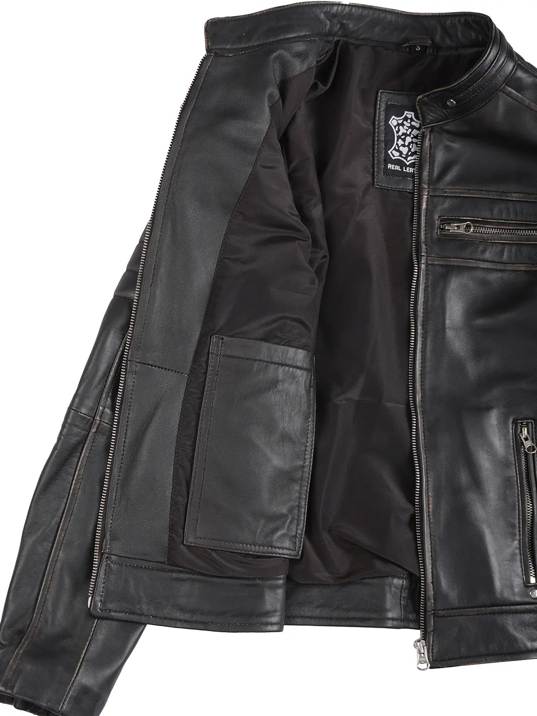 Black leather jacket with zippers and a brand logo on a white background