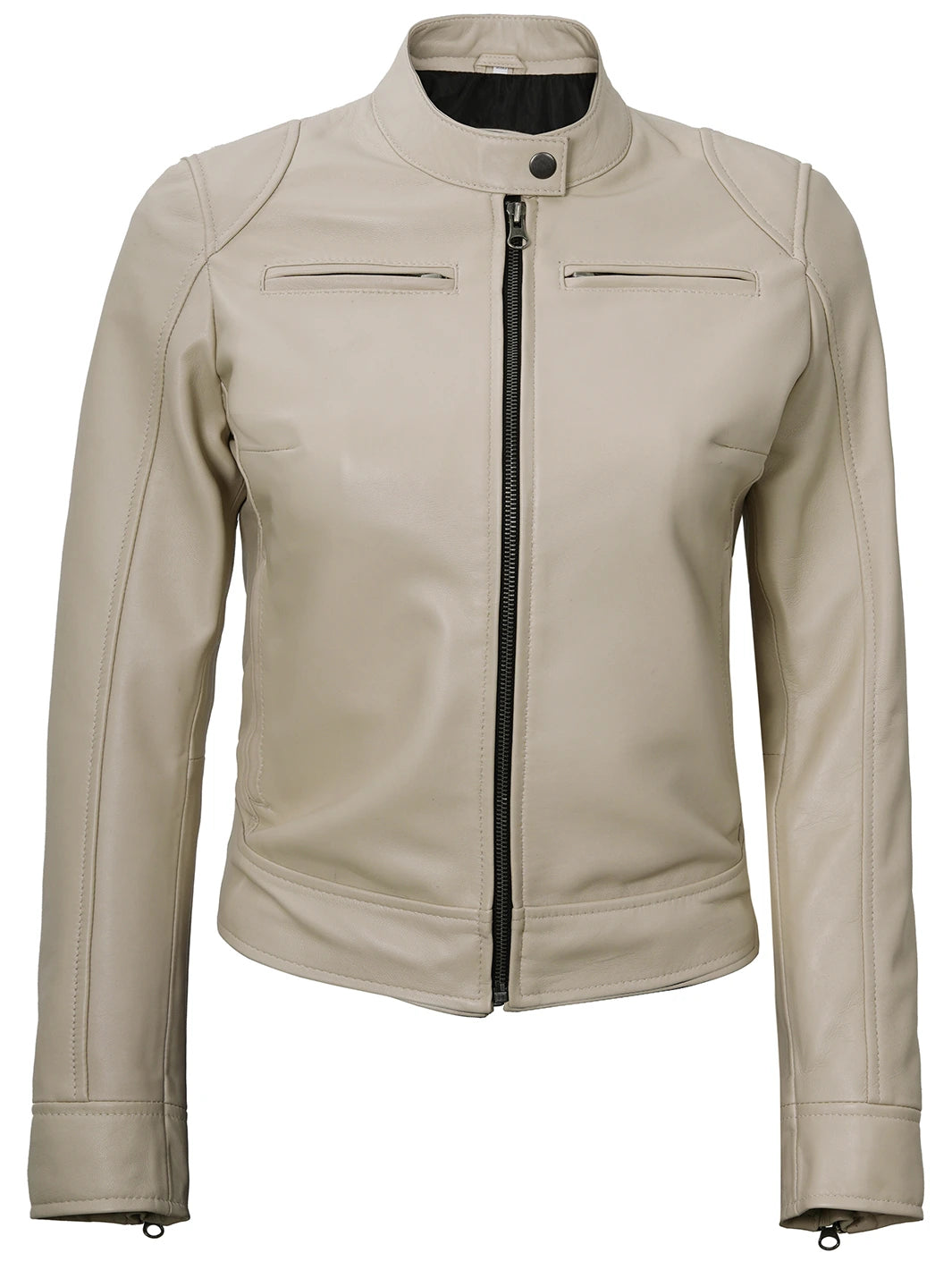 Beige Leather Cafe Racer Jackets for Womens 