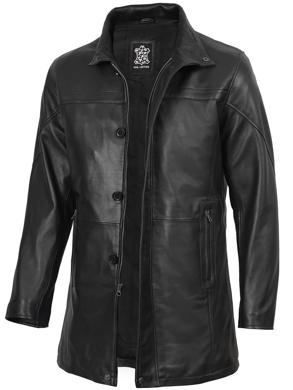 Black leather car coat mens