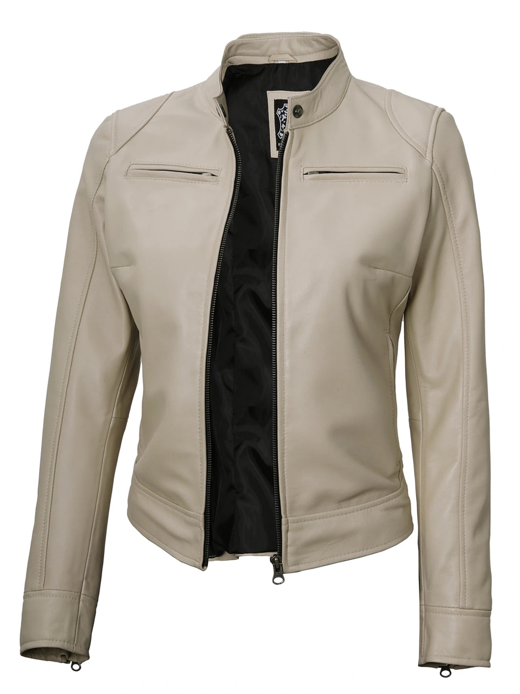 Dodge Beige Leather Cafe Racer Jacket Womens 