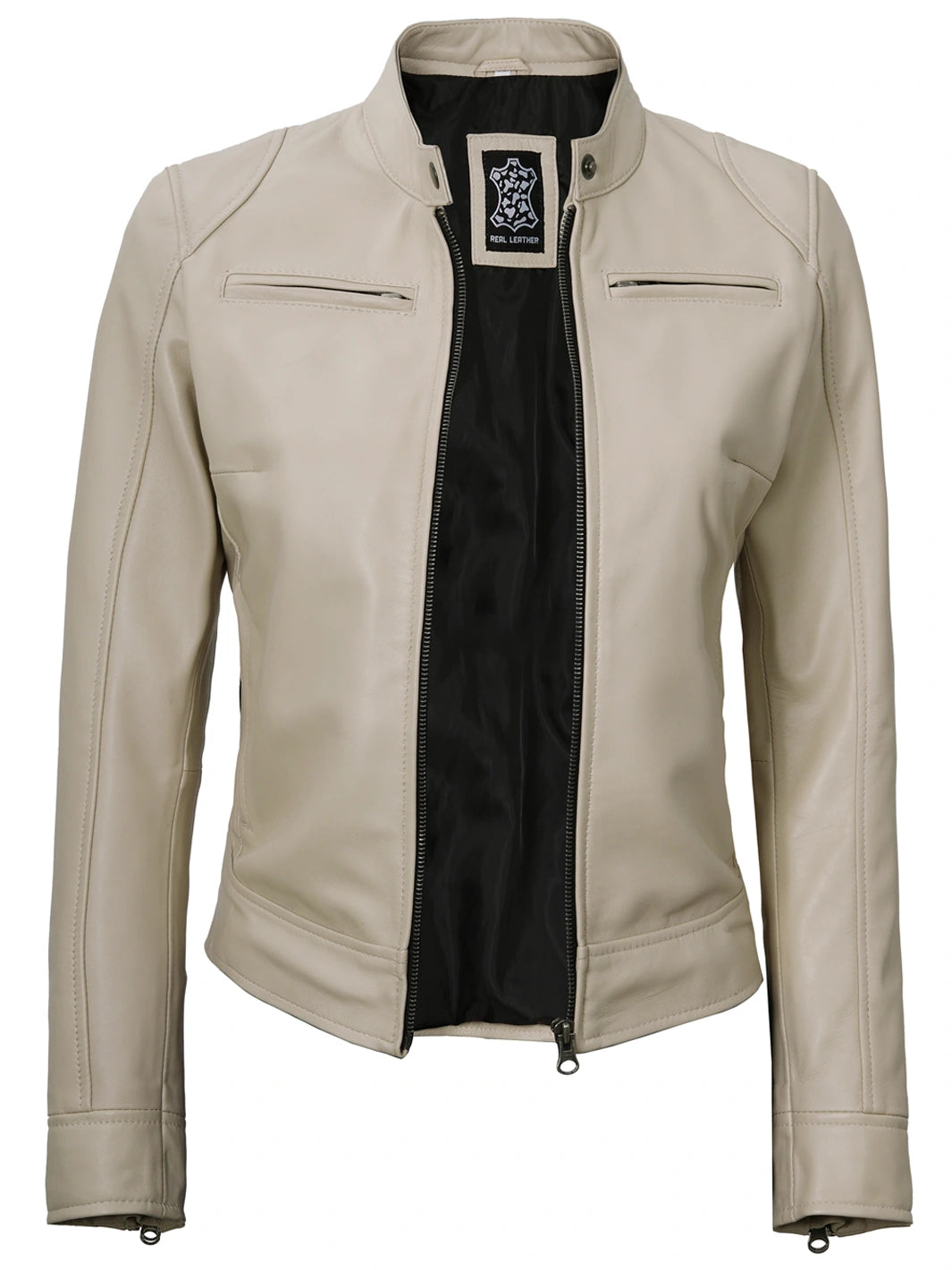 Dodge Beige Leather Cafe Racer Jackets for Womens 