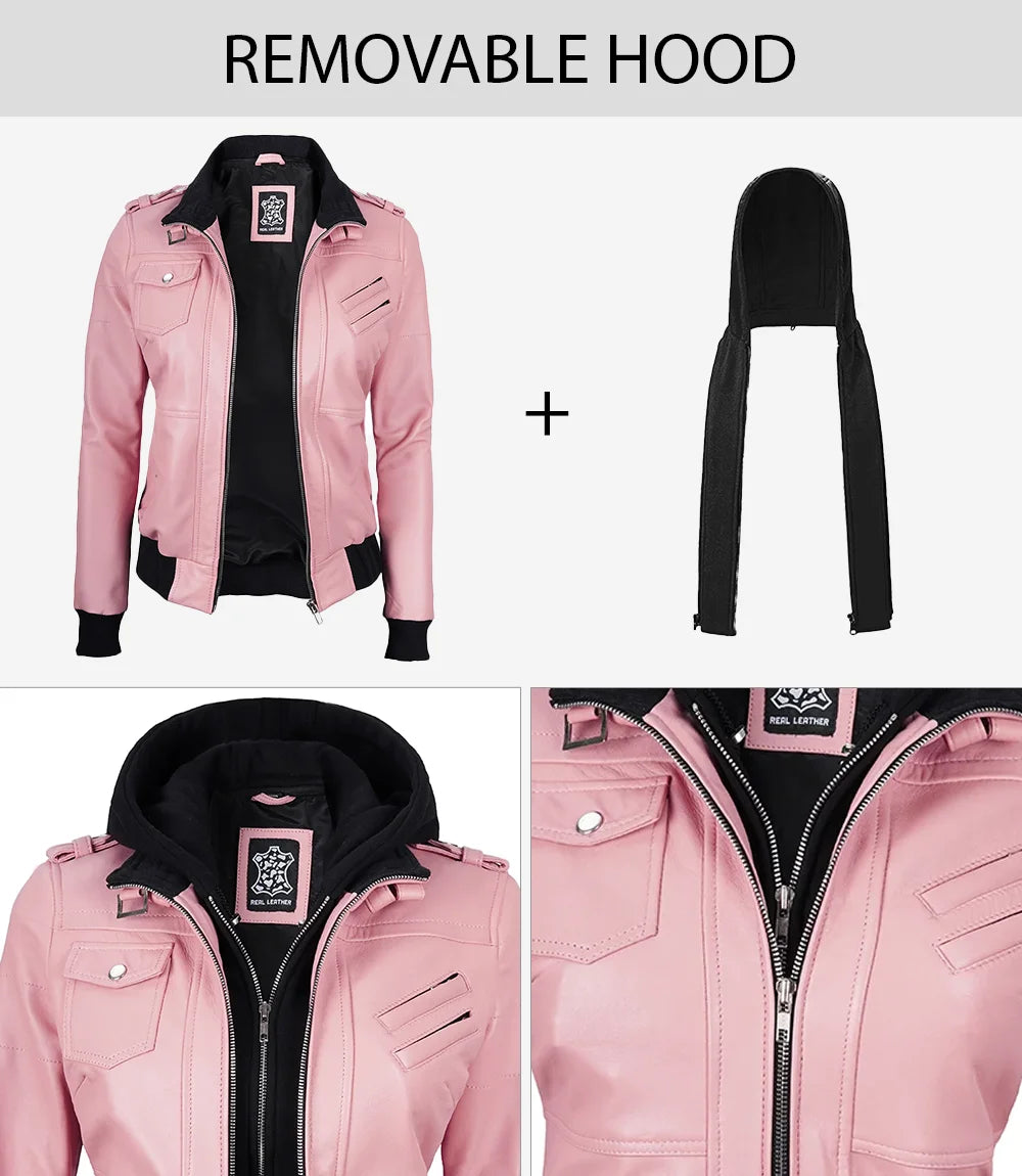 Edinburgh Womens Pink Removable Hooded Leather Jacket