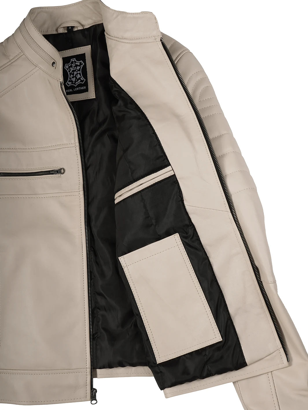 Mens Beige Cafe Racer Style Jacket Features 