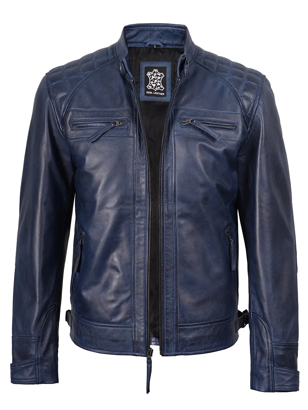 Mens Blue Biker Leather Jacket