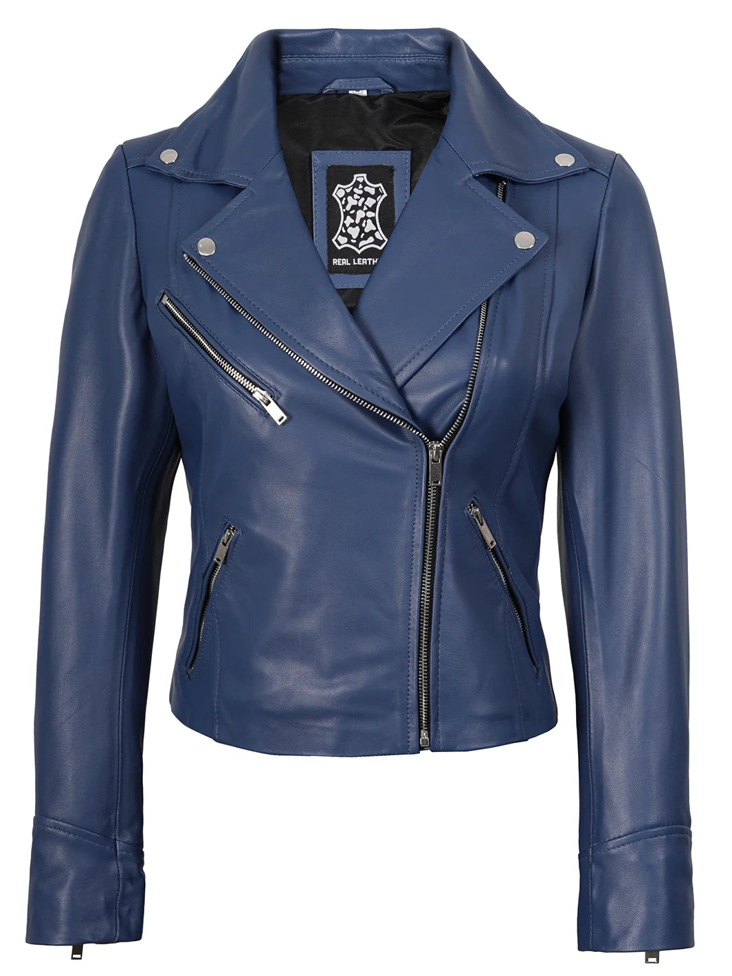 Ninfa Blue Asymmetrical Biker Leather Jackets for Womens
