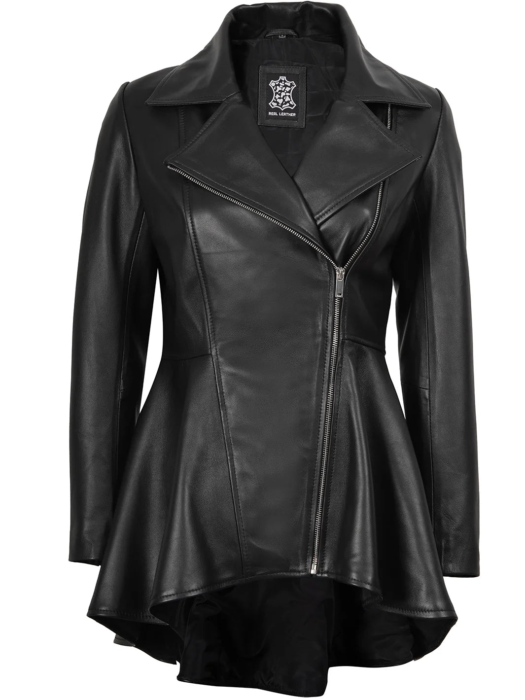 Black Asymmetrical Peplum Leather Jacket for Women