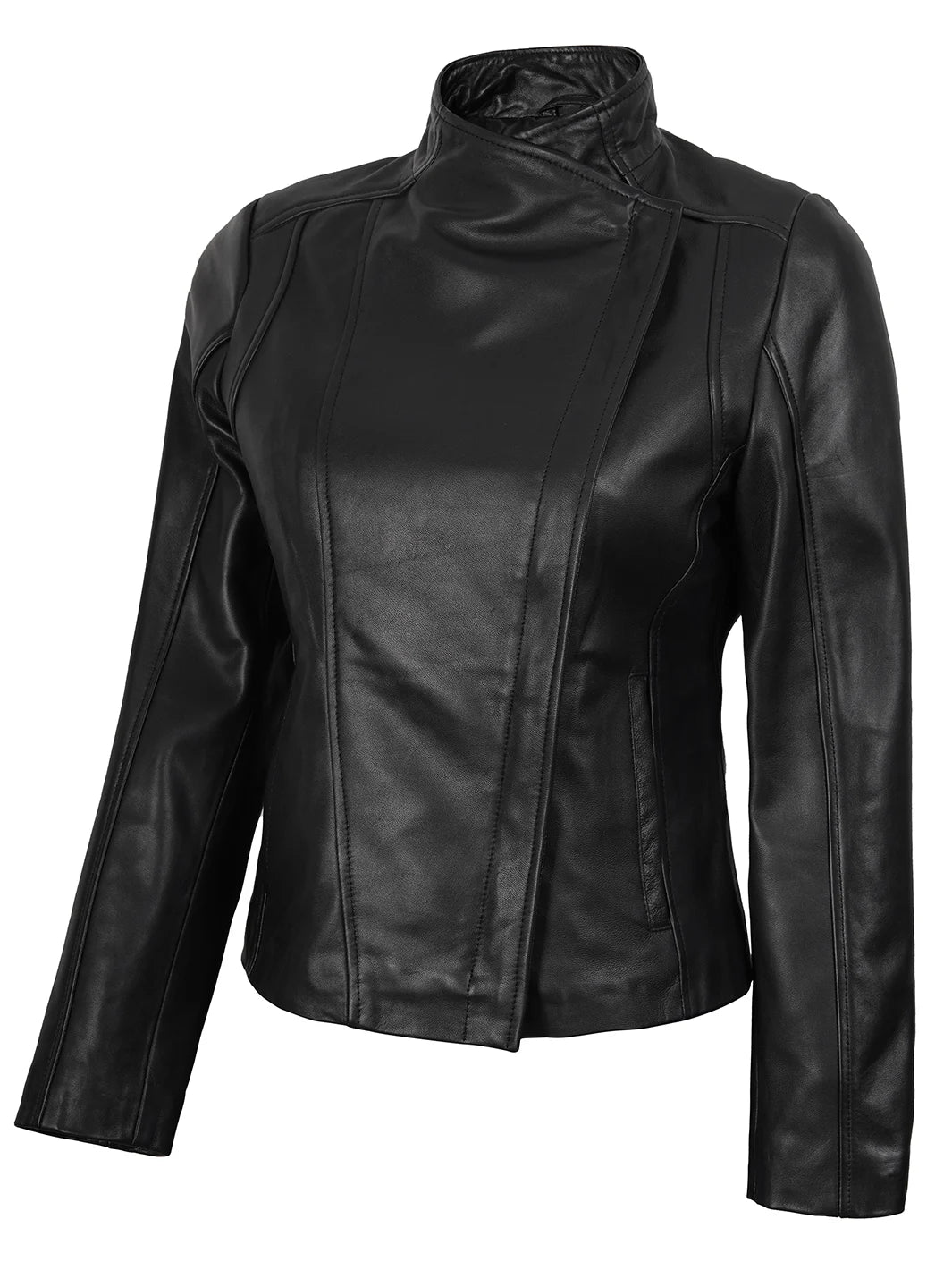 Womens Black Flap Closure Cafe Racer Leather Jacket