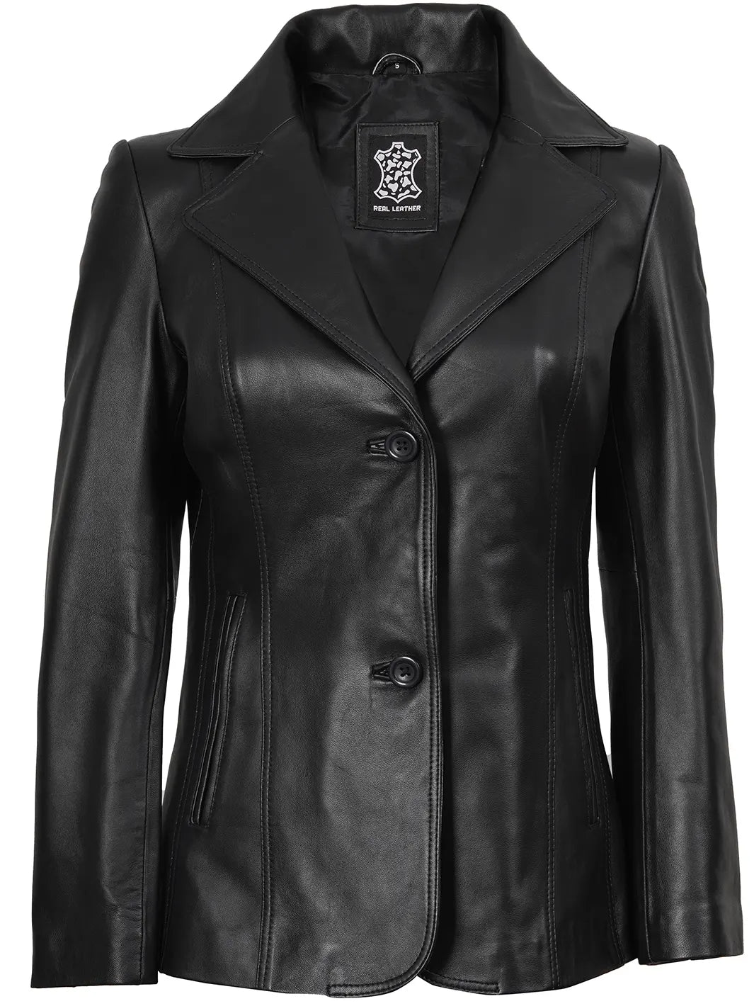 Womens Black Leather Blazer Two Button 