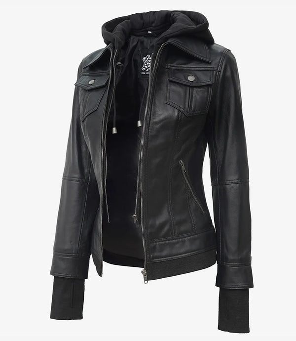 hooded black leather jacket womens