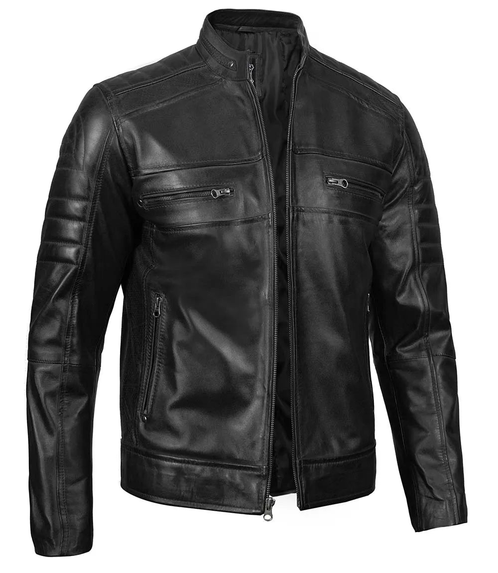 black cafe racer lambskin side pose