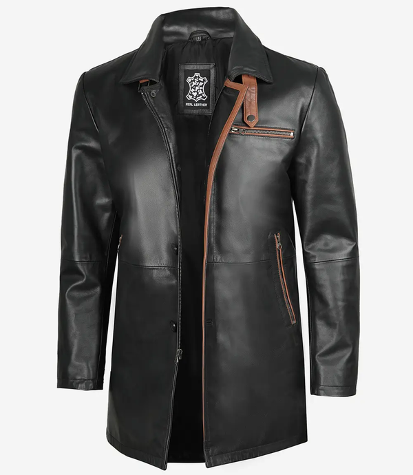 Glen Mens Black Real Leather Car Coat