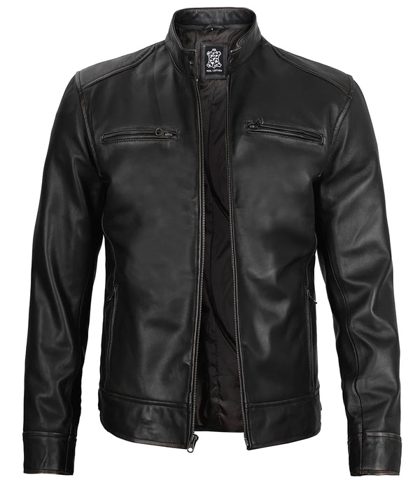 A Dodge Tall Men's Black Cafe Racer Leather Jacket with a mandarin collar, front zipper closure, and zippered cuffs.