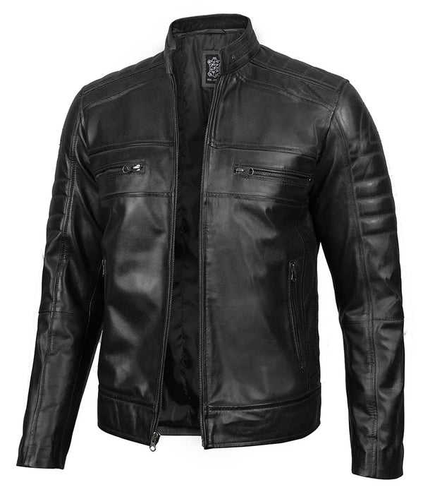 Men's black cafe racer style leather jacket with a stand-up collar, front zipper closure, and multiple pockets.