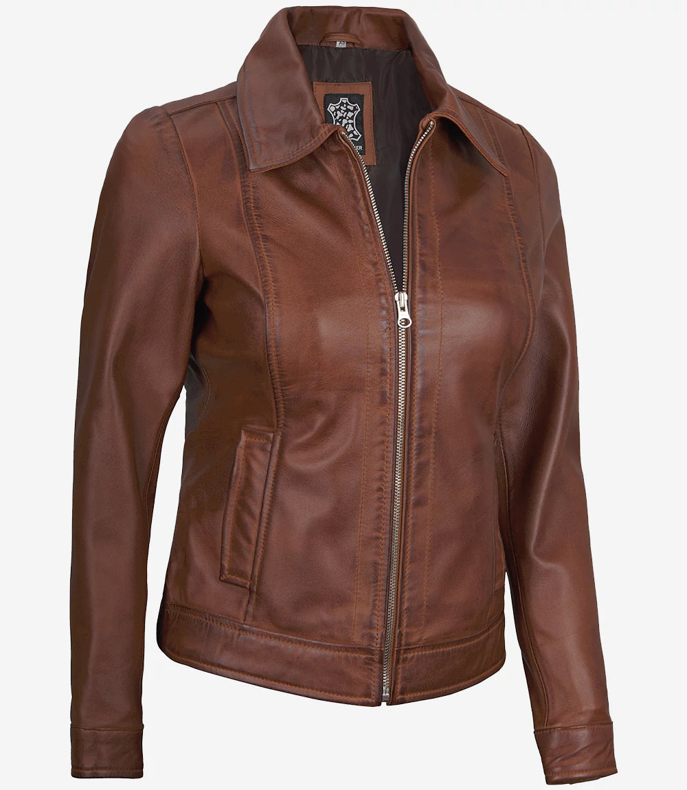 Brown leather jacket on a white background