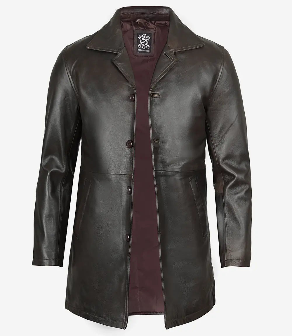 A distressed dark brown leather car coat for men with button closure and side exterior pockets, displayed on a plain background.