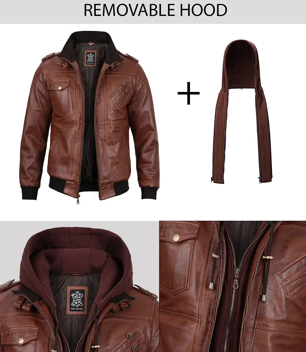 brown hooded leather jacket men