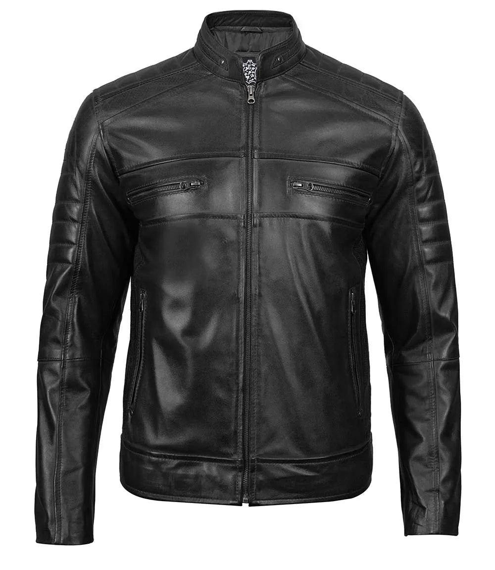 mens leather cafe racer black jacket lambskin