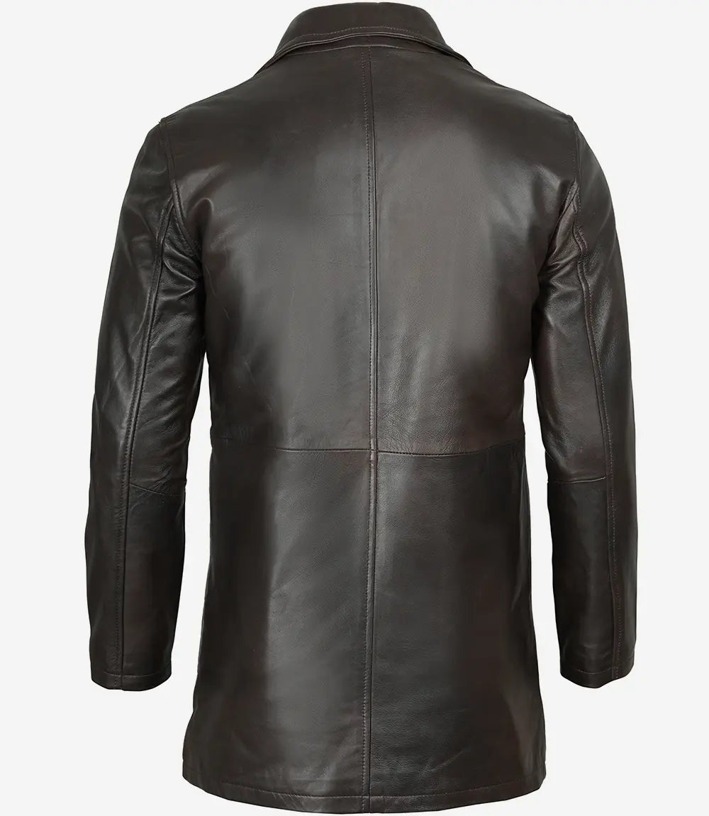 Black leather coat shown from the back on a white background.