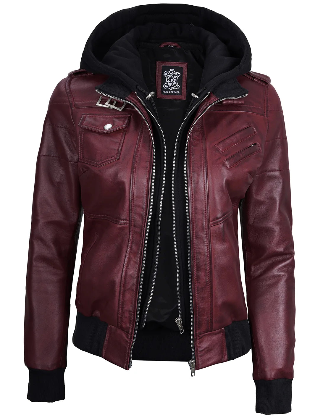 maroon leather jacket hooded womens 