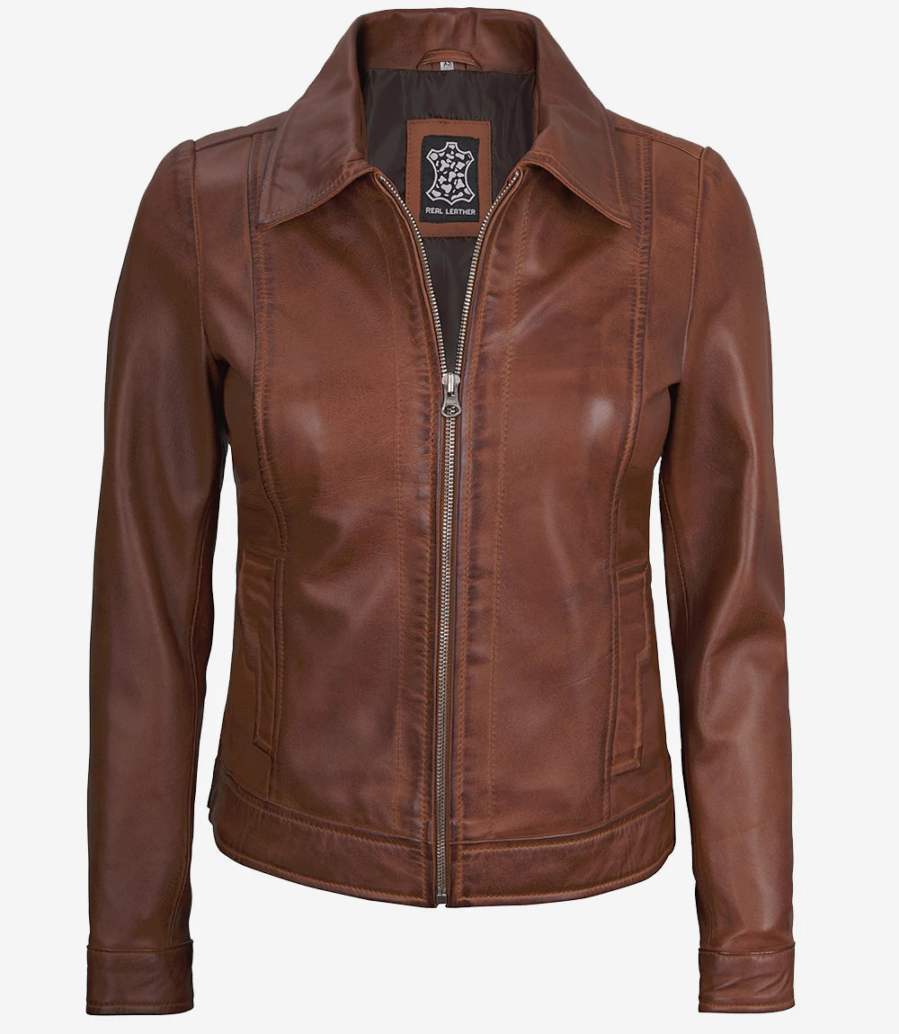 Brown leather jacket on a white background